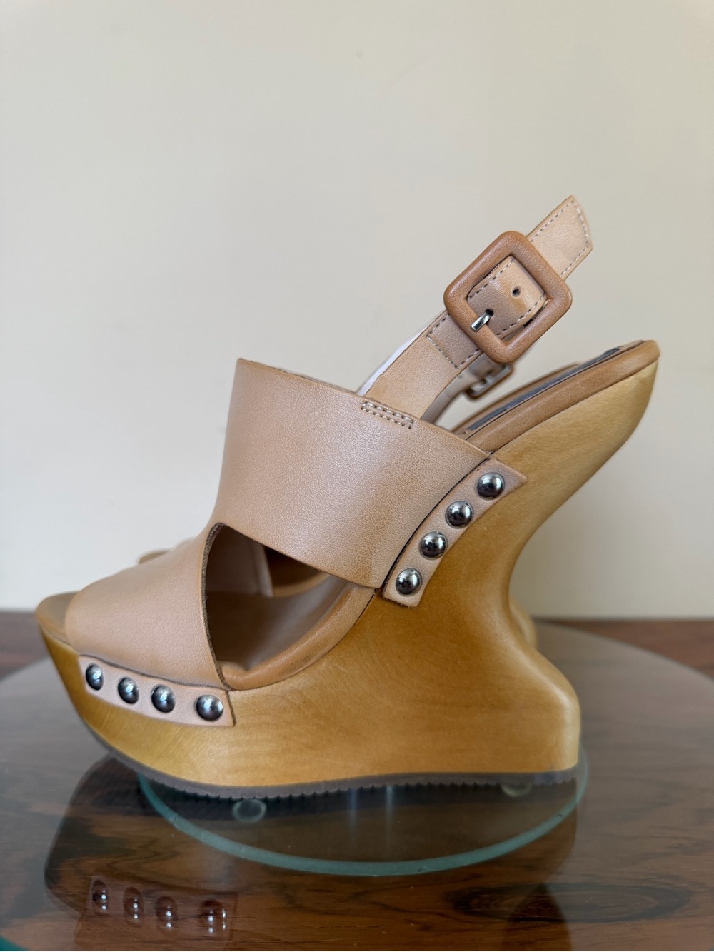 Gray Saks Fifth Avenue Gianna Wood Wedge Platform Sandals in size 5